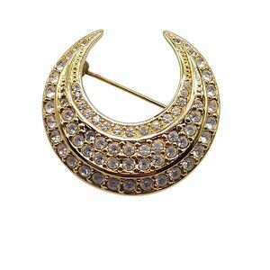 Vintage Joan Rivers Crescent Moon Pave Rhinestone Gold Tone Brooch Pin